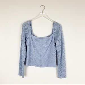 ABERCROMBIE & FITCH Light Blue Lace Crop Top Long Sleeve Square Neckline SIZE XL
